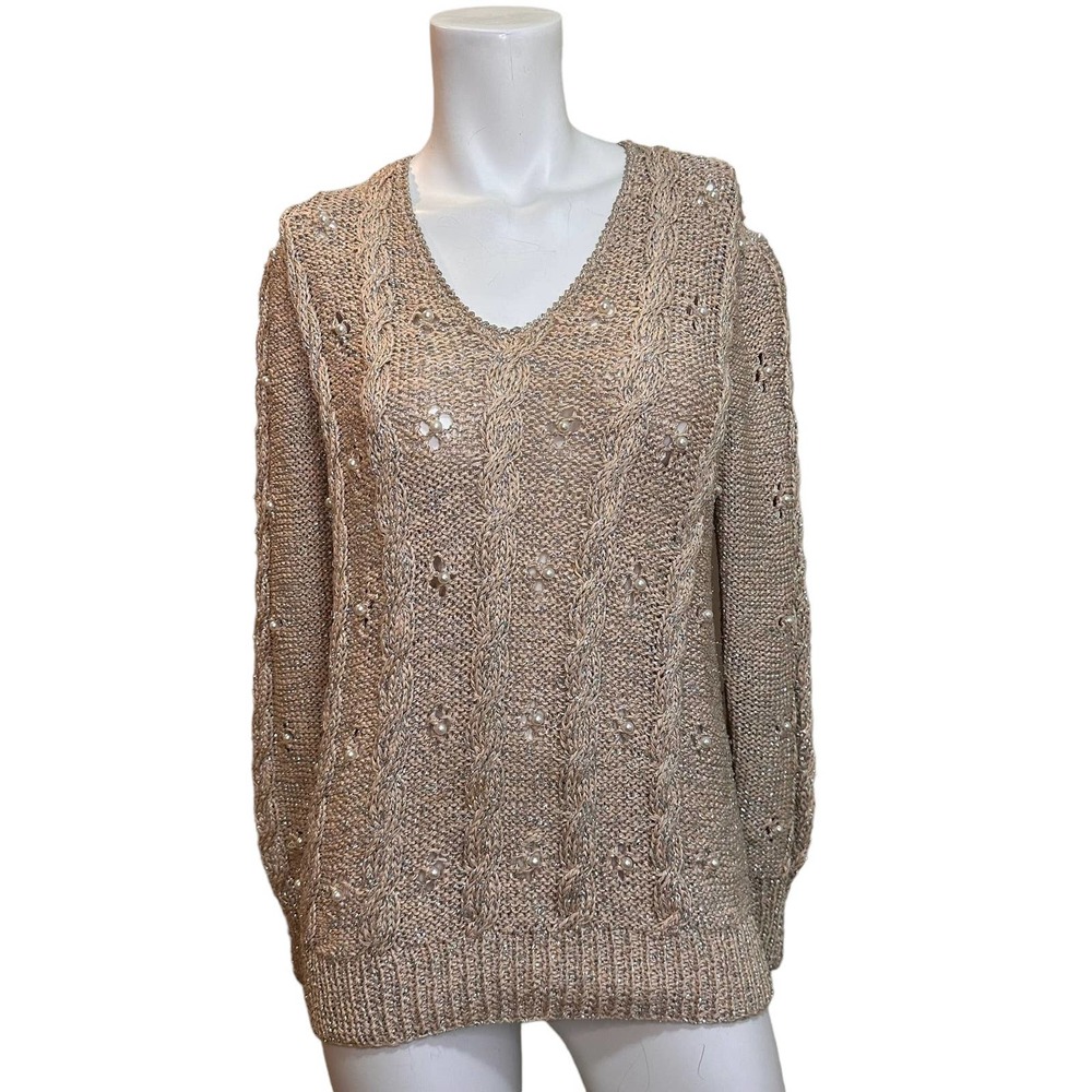 Vintage 80s Nannell Hand Knit Pink & Silver Metallic V-Neck Sweater Beaded sz M
